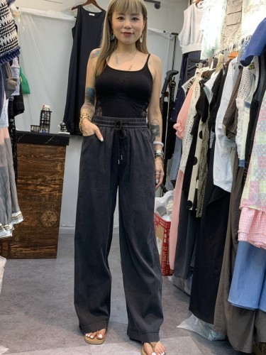 YM44Washed Black Casual Drawstring Pants