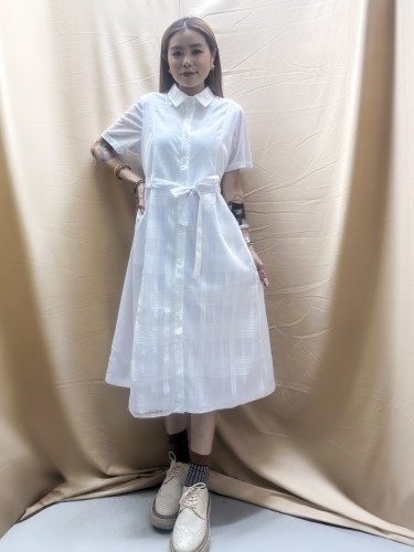 BS489 條子蕾絲布拼條子網報恤衫裙