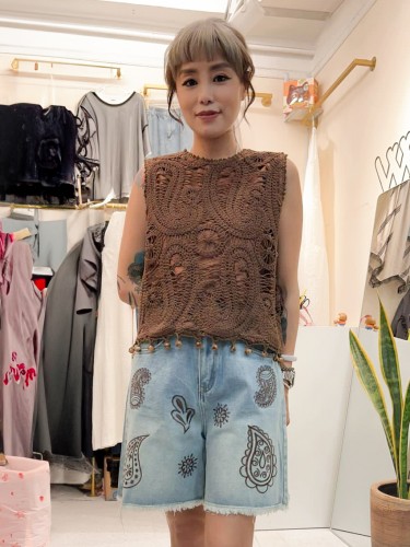 YY183-Denim Berms with Paisley Embroidery 