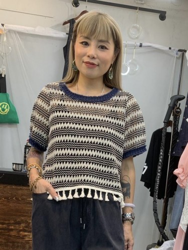 YM30 Navy Knit Stripes Tassel Denim Trim Top