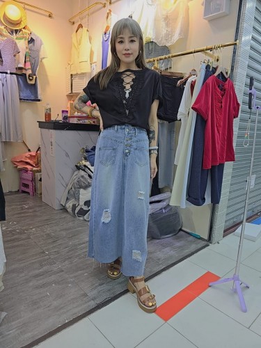 Pe05-3buttom denim long skirt