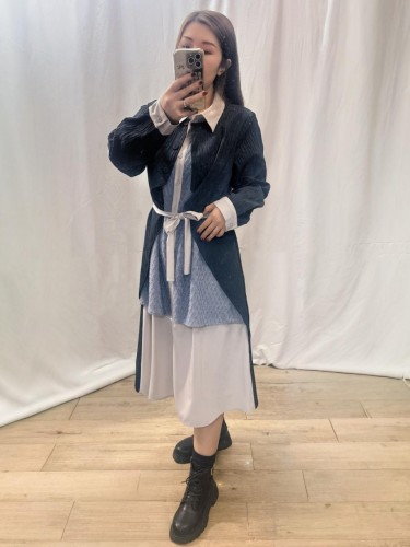  BS553 藍色 假件拼針織通花布連身裙