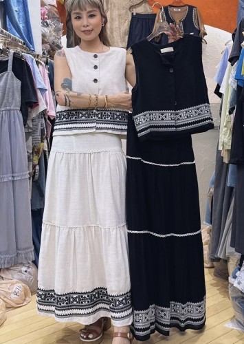 FO104 Embroidery V Vest & Long Skirt Set
