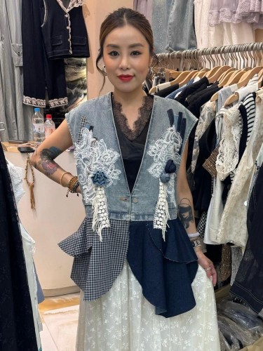 SO50- Denim crochet with Checks trim vest