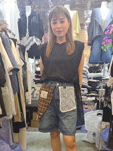 AQ299 Denim with Lace & Checks Shorts