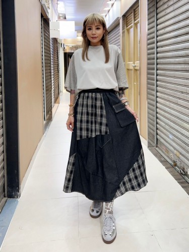 MK151checks mix denim long skirt 