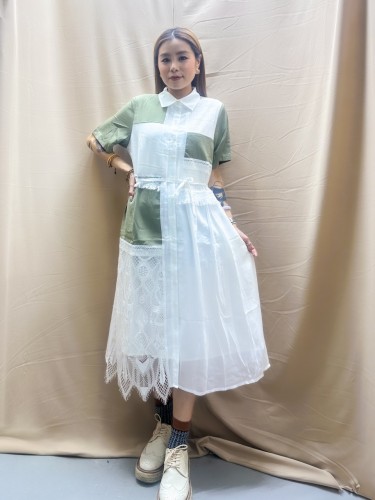 M2376蕾絲拼布花邊連身裙