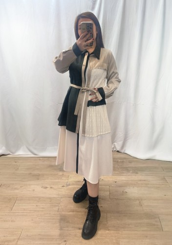 BS552 杏綠色  兩件套織花網拼tweed 外套連身裙