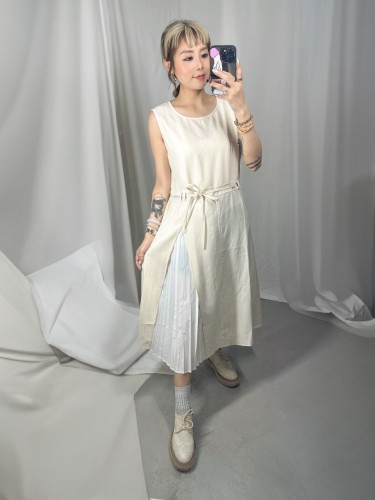 M2553 杏色 印花拼網布恤衫裙