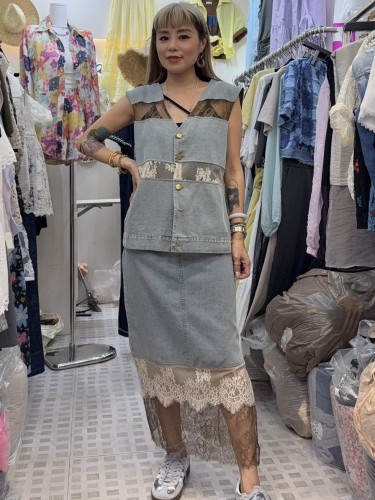 GA91 Denim with brown white lace vest and skirt;