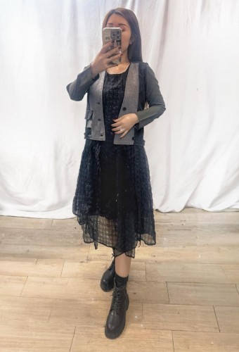 BS534 黑色 兩件套牛仔背心格紋連身裙