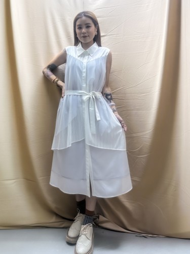  BS491白色 條子網布背心裙