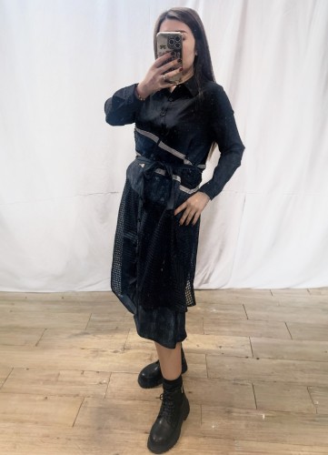 BS540 黑色 印花拼網布連身裙