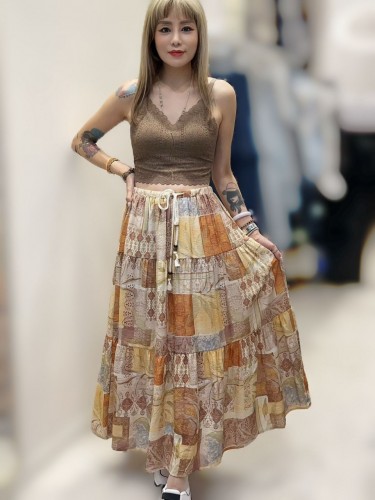 PA173 Orange Yellow Printed Drawstring Long Skirt