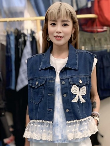 YY228 denim vest with lace hem