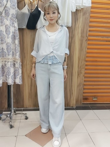 BB87 Denim Long Jeans with Pleat Waist