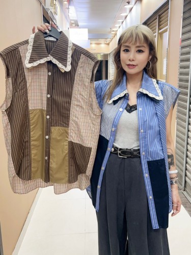MK153 stripe n checks sleeveless long shirt