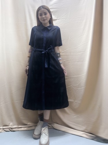  BS489 藍黑色 條子蕾絲布拼條子網報恤衫裙