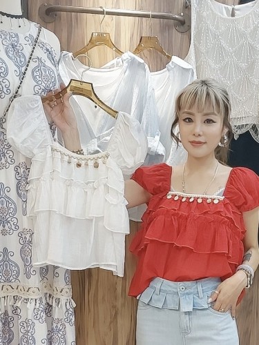 BB94 Square Neck Tiered Puff Sleeve Lace Shell Trim