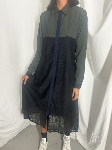 BS523 黑色 蕾絲拼提花條連身恤裙