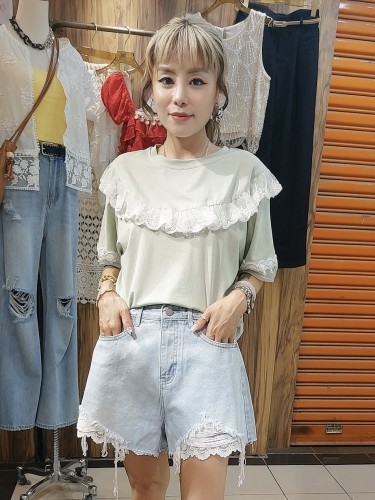 BB86 Denim Ripped Shorts with Lace Inner Trim
