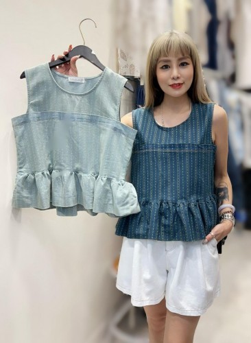 PA167 Blue Dotted Sleeveless Babydoll Top