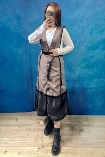 BS440 杏色 2件套 威化格連身裙＋薄絨布花邊網布背心裙 