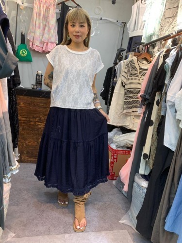 YM37 Grey White Lace Tee Pleat Neckline