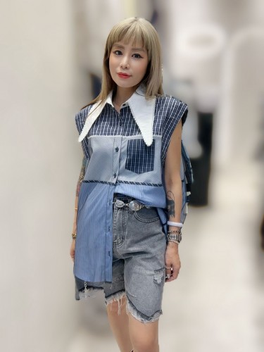 PA194 Blue Stripes & Checks Big Collar Sleeveless Shirt