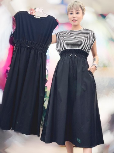 ON33 Stripes Sleeveless Waist-Gathered Long Dress