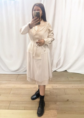 BS554 杏色 兩件套  條子織花拼雪紡外套 連身裙