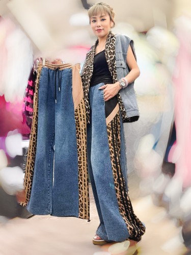 ON19 Denim Pants with Leopard Print Side Panel 