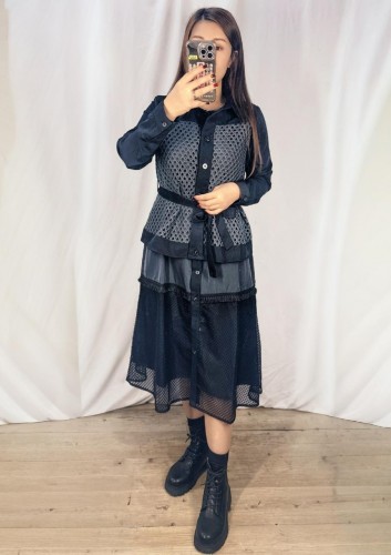  BS549 黑色 織花蕾絲假兩件裙 