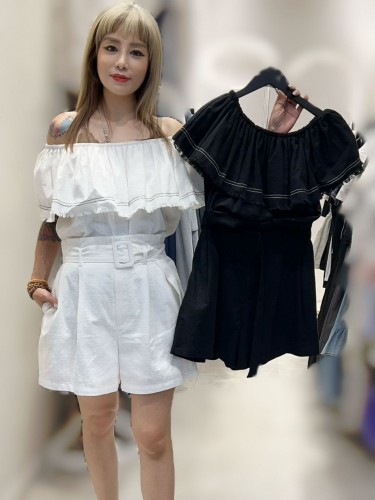 PA181 Off-Shoulder Top with Belted Short Culottes Set