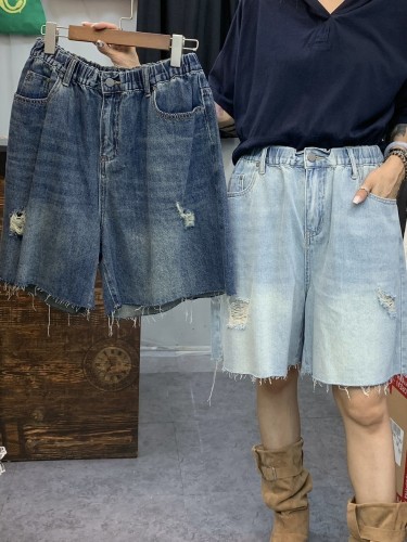 YM47 Denim Ripped Cut Elastic Waist Shorts