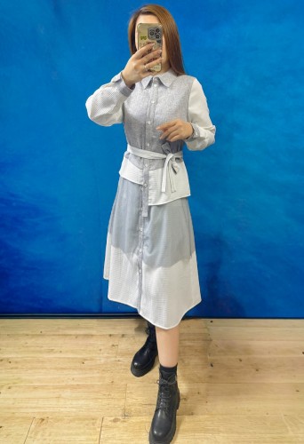  BS558 灰色 2件套 TWEEN布拼格紋針織布背心 ＋ 織花網布拼格紋布裙 