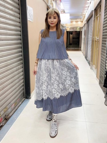 MK138 Blue stripes sleeveless Lace dress