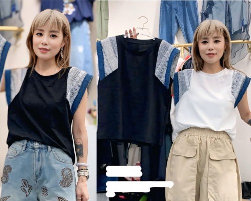 YY220 tee with denim tweed sleeve 