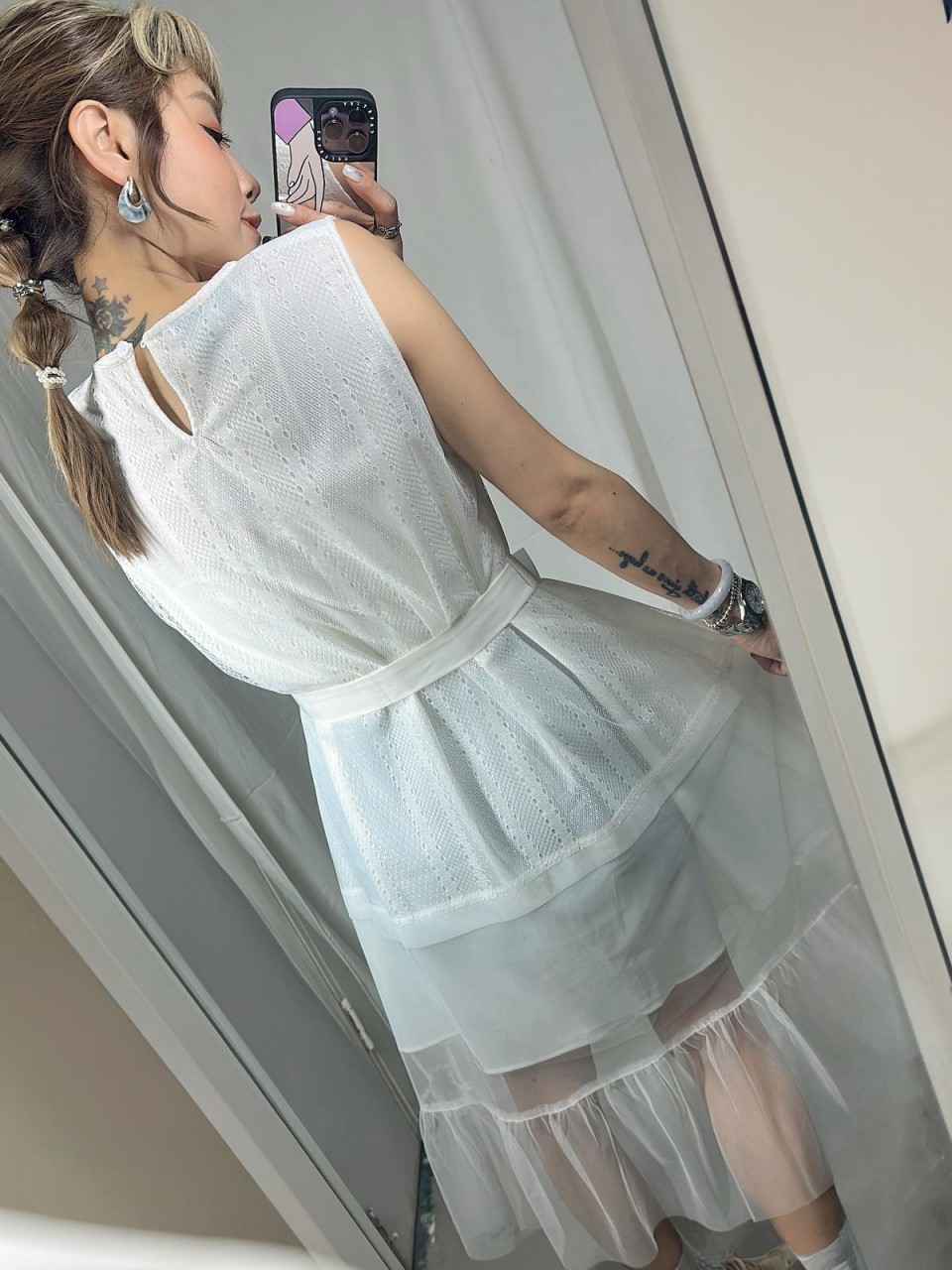 Bs500 白色 蕾絲拼布連身裙