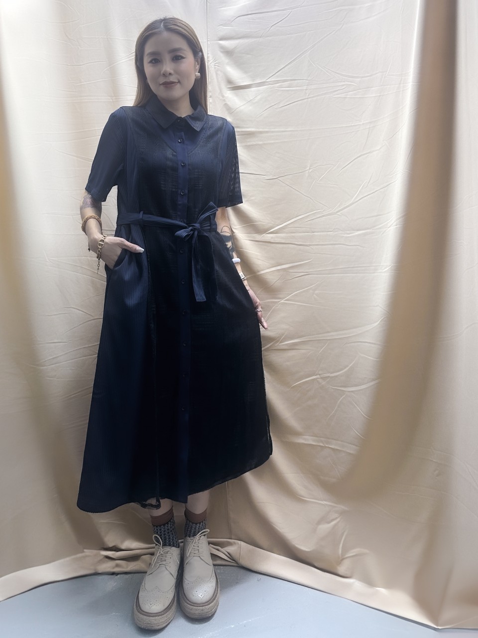 BS489 藍黑色 條子蕾絲布拼條子網報恤衫裙