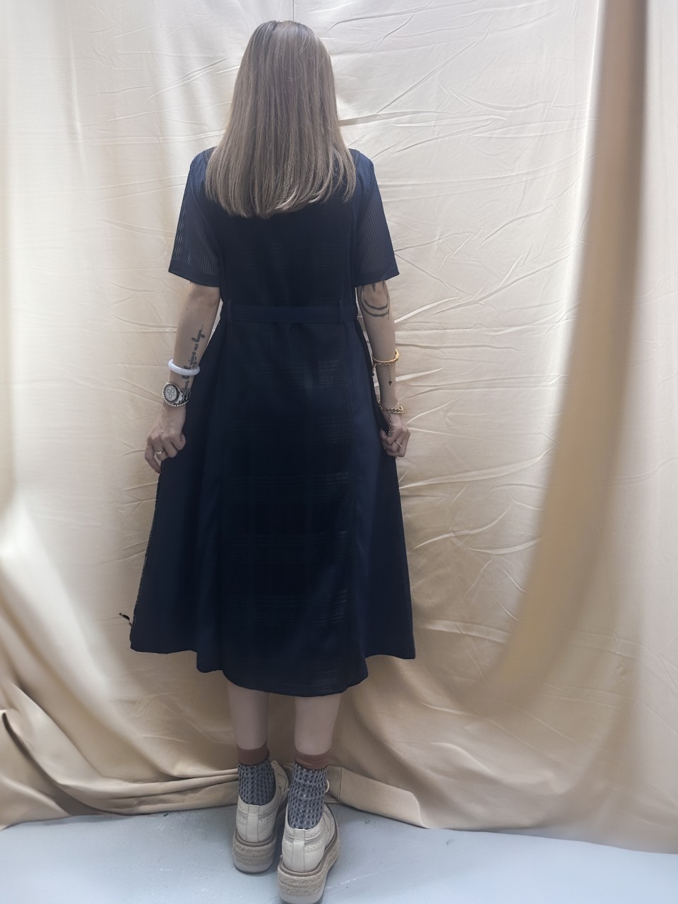 BS489 藍黑色 條子蕾絲布拼條子網報恤衫裙