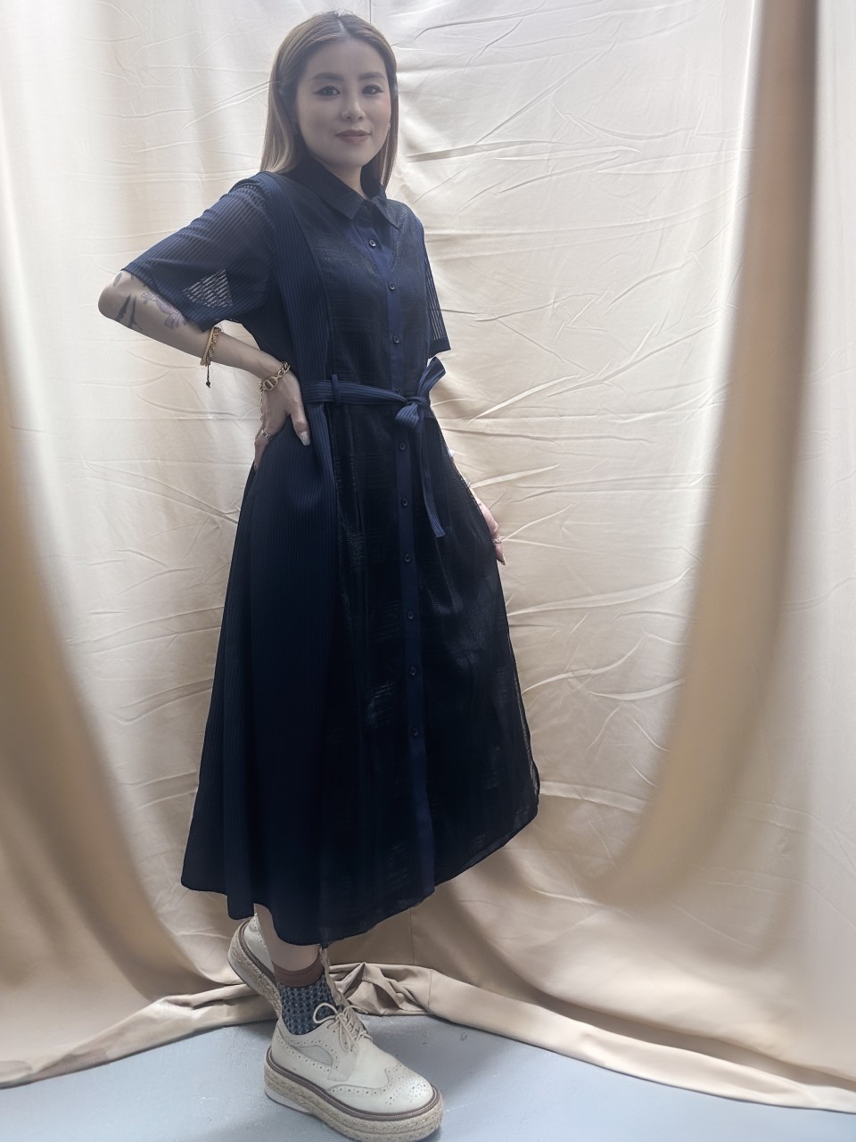 BS489 藍黑色 條子蕾絲布拼條子網報恤衫裙