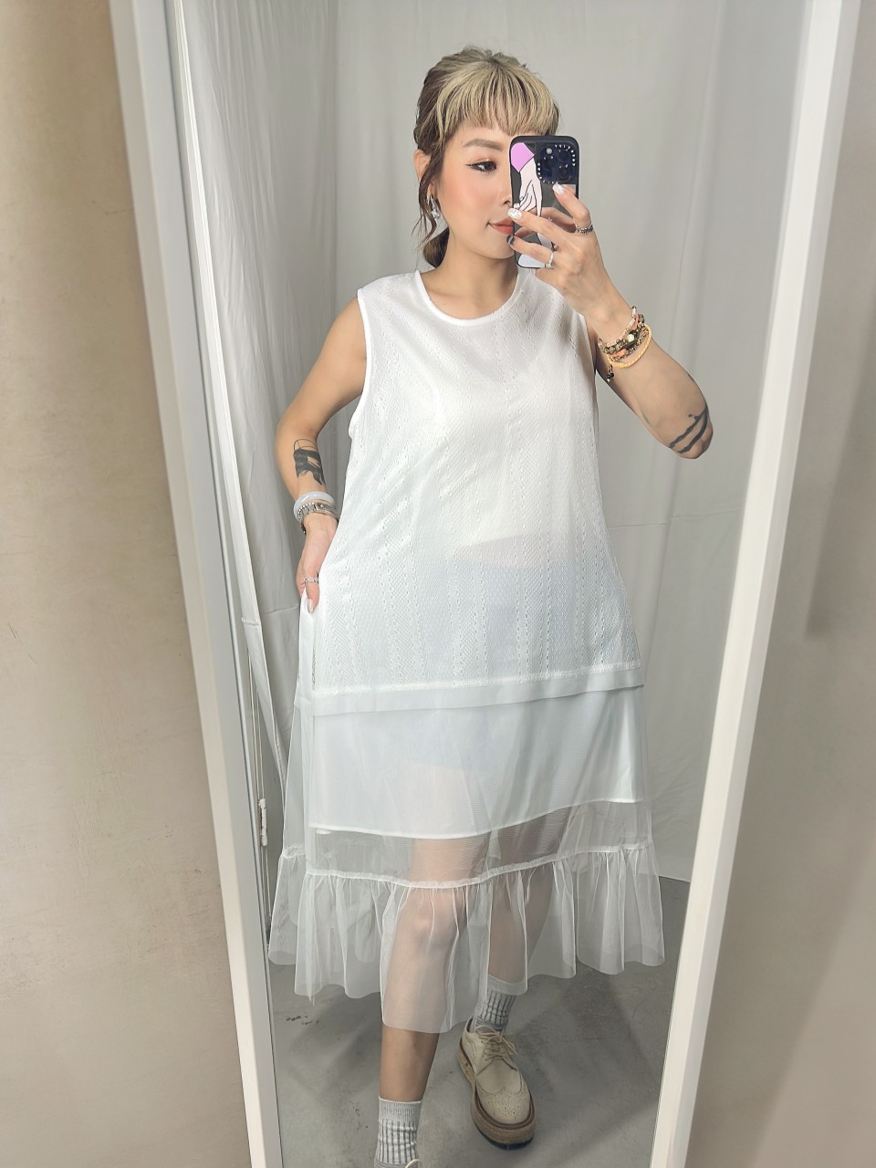 BS500 白色 條子網報蕾絲背心裙