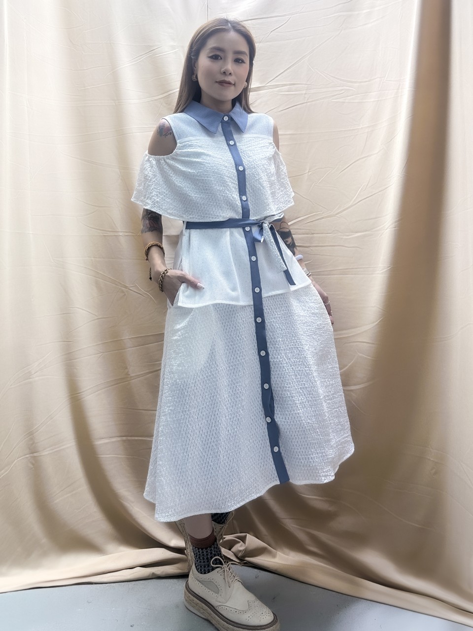 BS482 白色 圓點網布拼暗花布連身裙