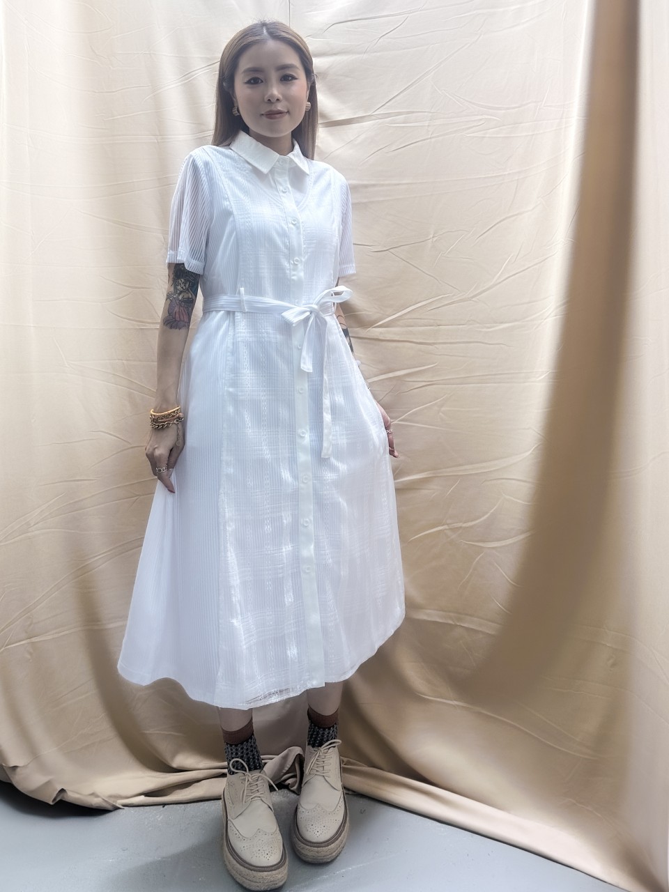 BS489 白色 條子蕾絲布拼條子網報恤衫裙