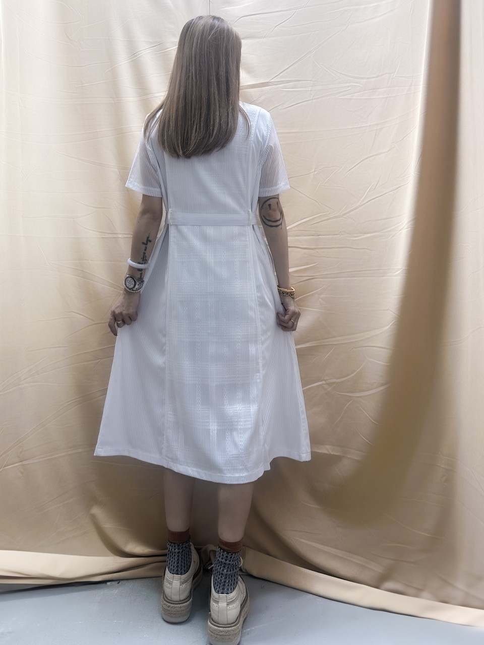 BS489 白色 條子蕾絲布拼條子網報恤衫裙