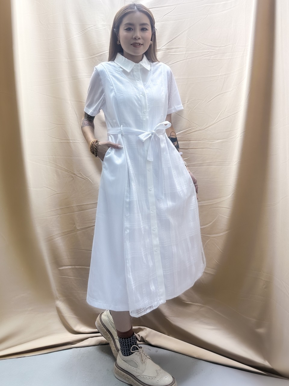 BS489 白色 條子蕾絲布拼條子網報恤衫裙