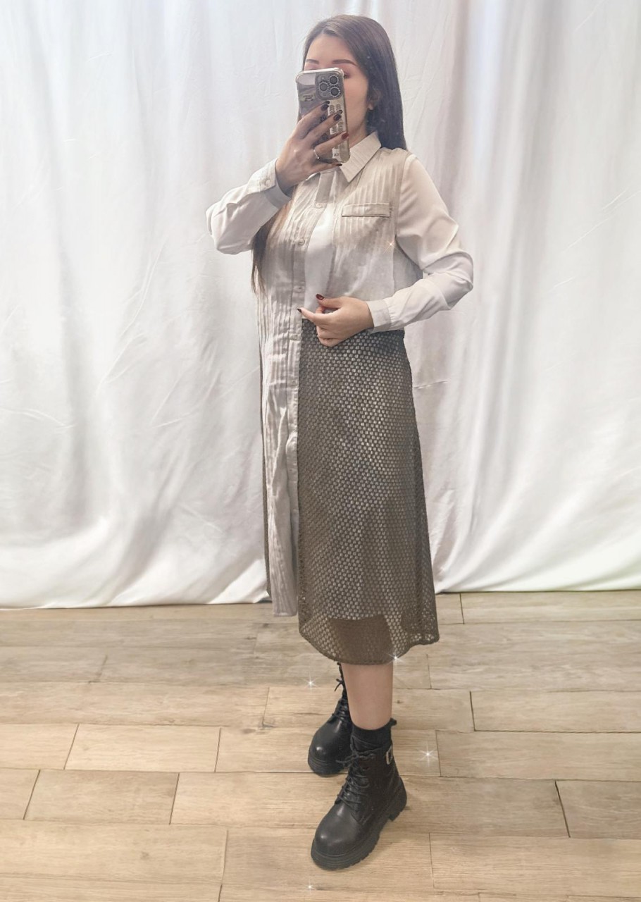 BS537 杏色 提花拼針織網布裙
