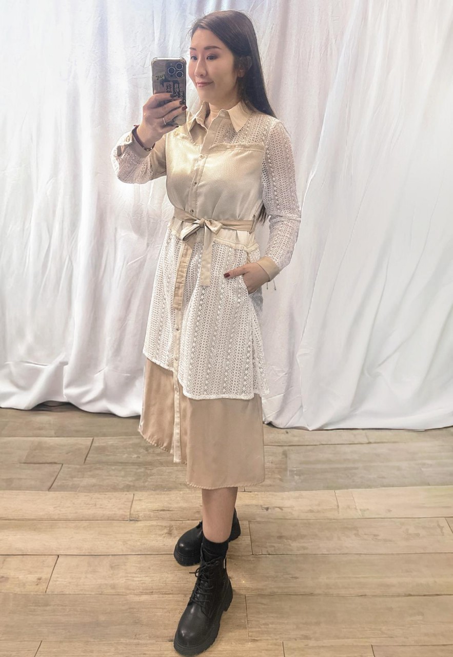 BS533 杏色不规則设计拼蕾丝裙