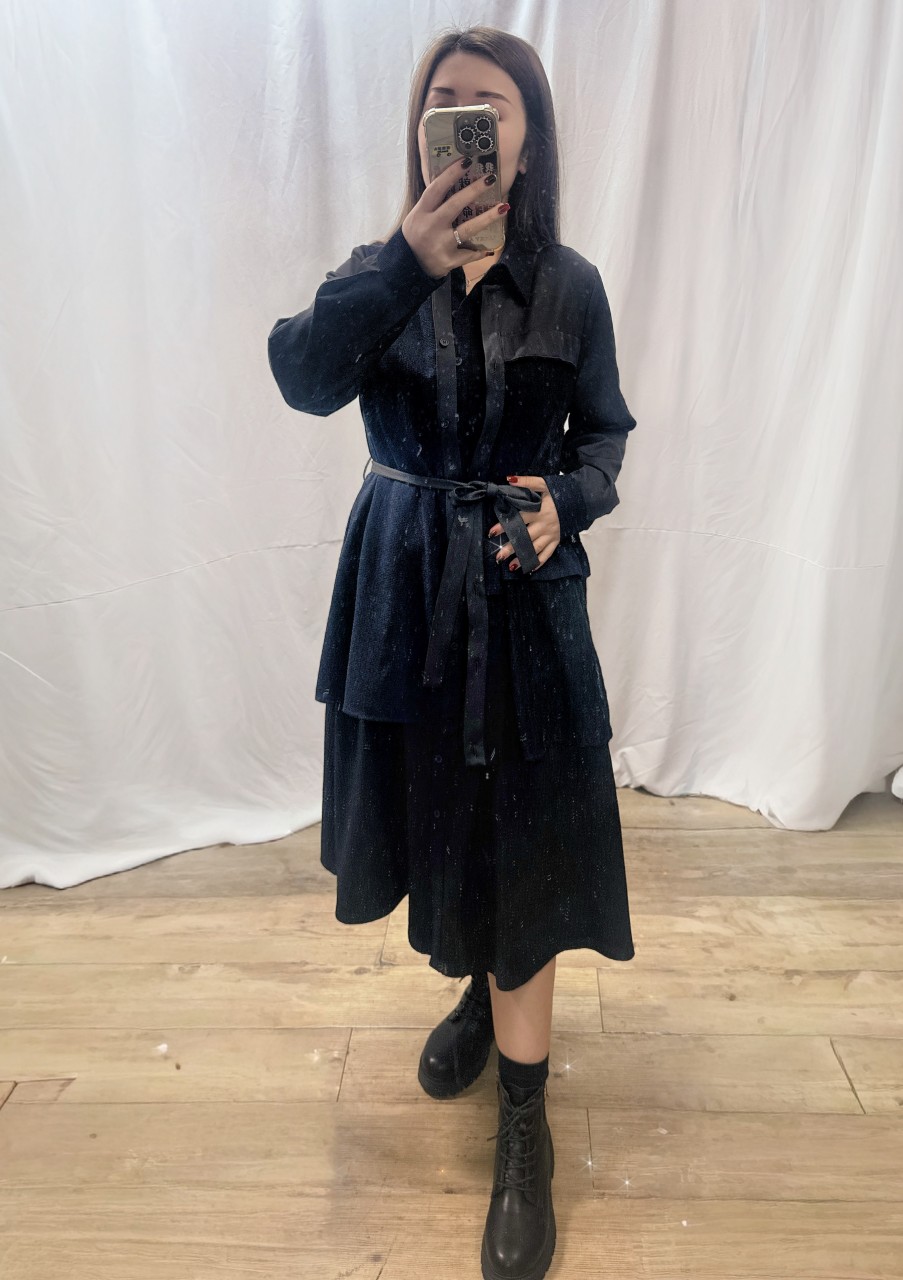 BS552 黑蓝色  两件套织花网拼tweed 外套连身裙